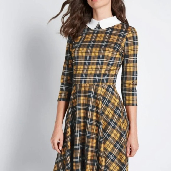 Modcloth "Perfectly Proper" Yellow Plaid A-Line Dress - Picture 2 of 7